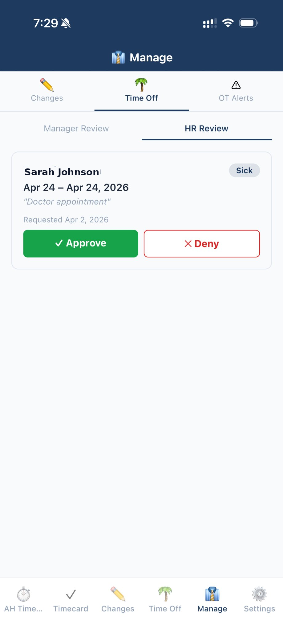 DealerTimeClock manager tab showing time off HR review with approve and deny buttons